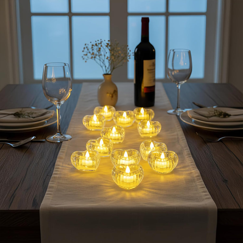 AVEKI 12 Pack Crystal Flameless Tea Lights Candles Battery Operated, Heart-Shaped Flameless Tealight Candles for Halloween Christmas Wedding Party Home Decor (Heart)