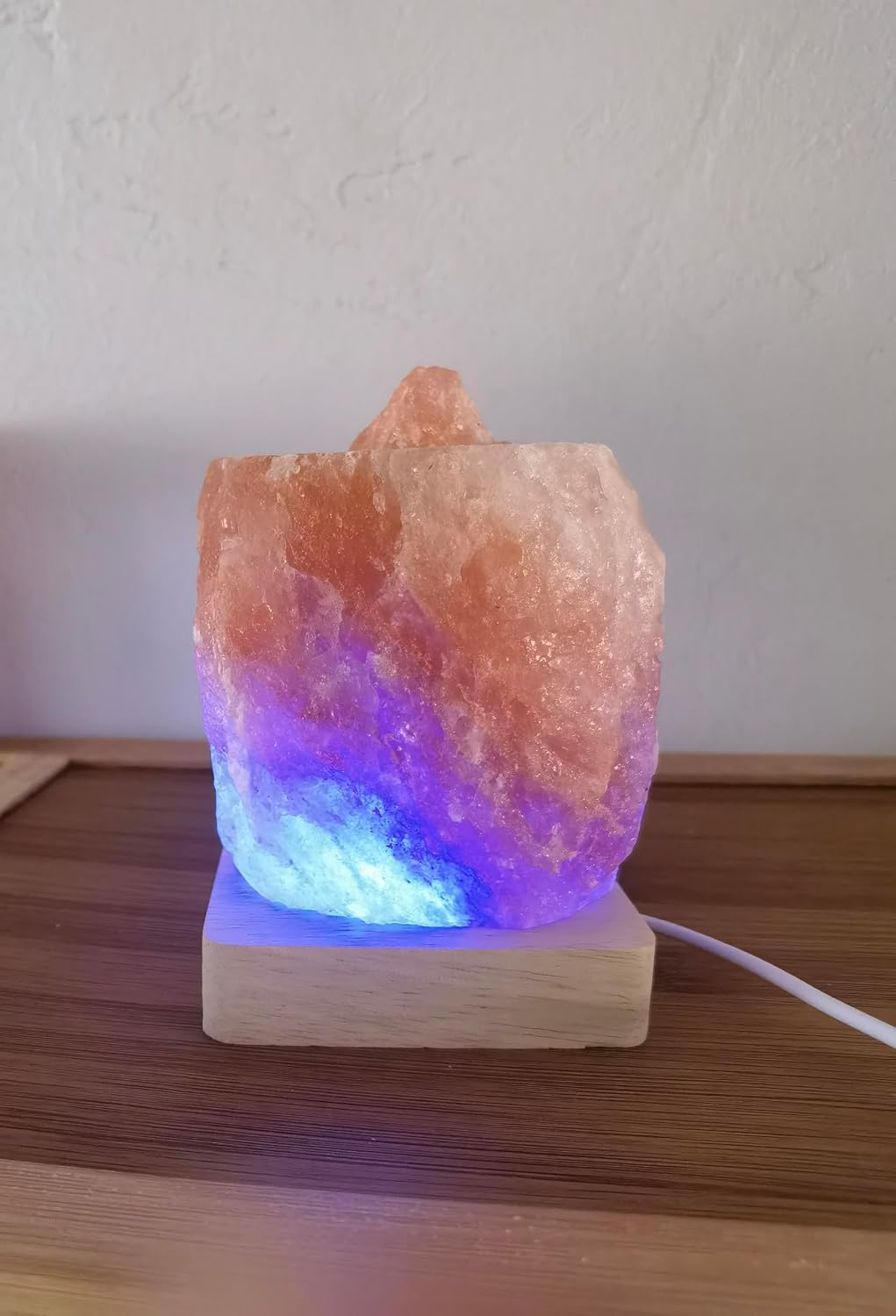 USB Colour Gradient Himalayan Salt lamp,Solid Wood Based Atmosphere Decoration Natural Shape Salt lamp with Remote Control, Natural Crystal Stone Bedside Night Light, Handmade Crafts.