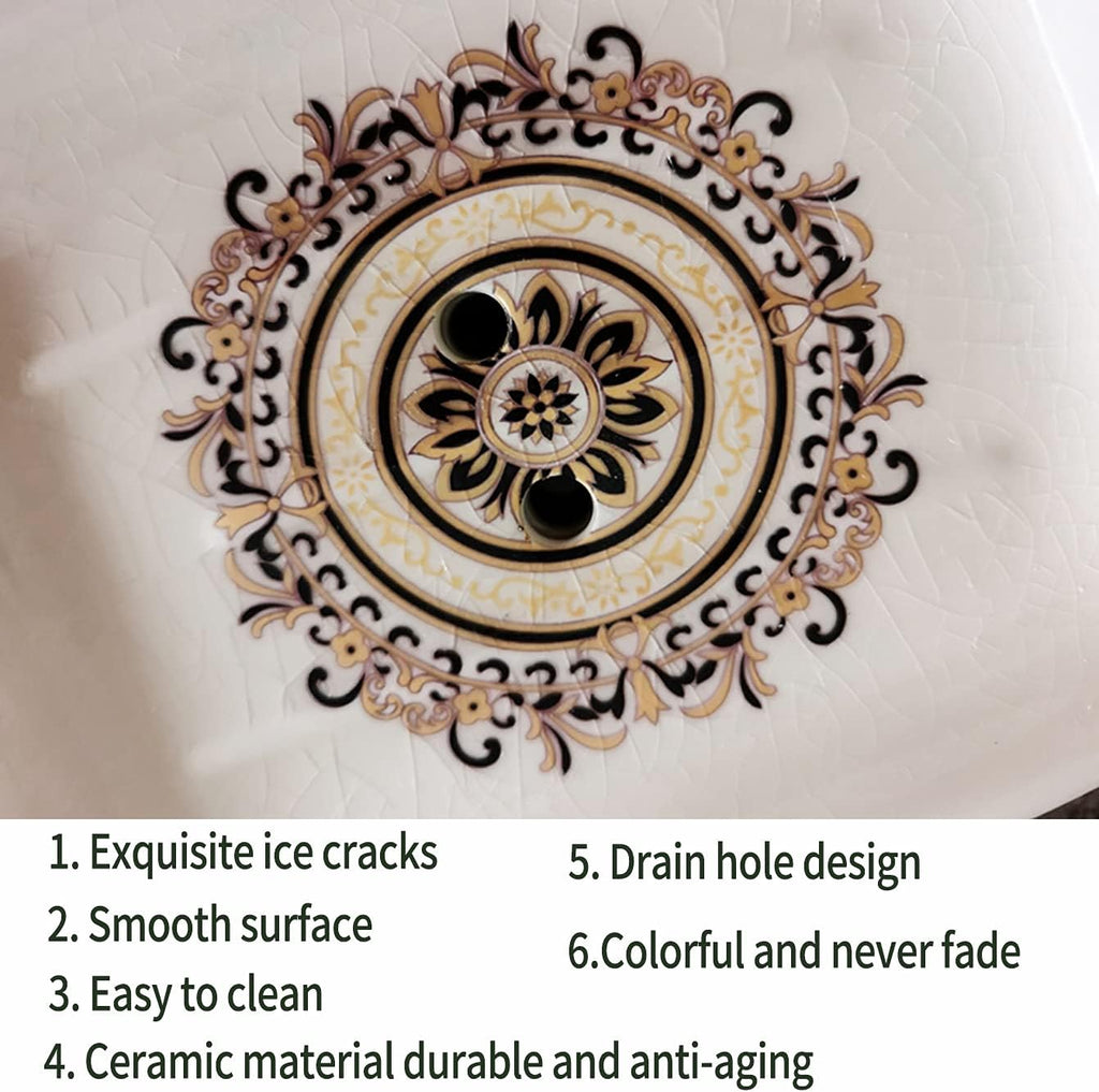 Kelake Ceramic Soap Dish Creative Ice Crack Ceramic French Sunflower Pattern Soap Dish Holder for Bathroom and Shower Soap Tray Box with Drain Gift for Mum Family