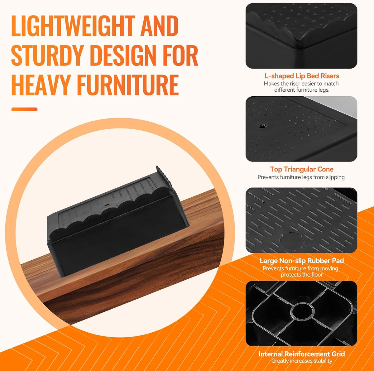 Furniture Risers, 8 Pack Bed Risers with Non-Slip Grip and Heavy Duty Support, 1 Inch 2 Inch 3 Inch 4 Inch Height Lift for Couch, Sofa, Table, Desk, Chair, Refrigerator - Black, 1+1+1+1 Inch