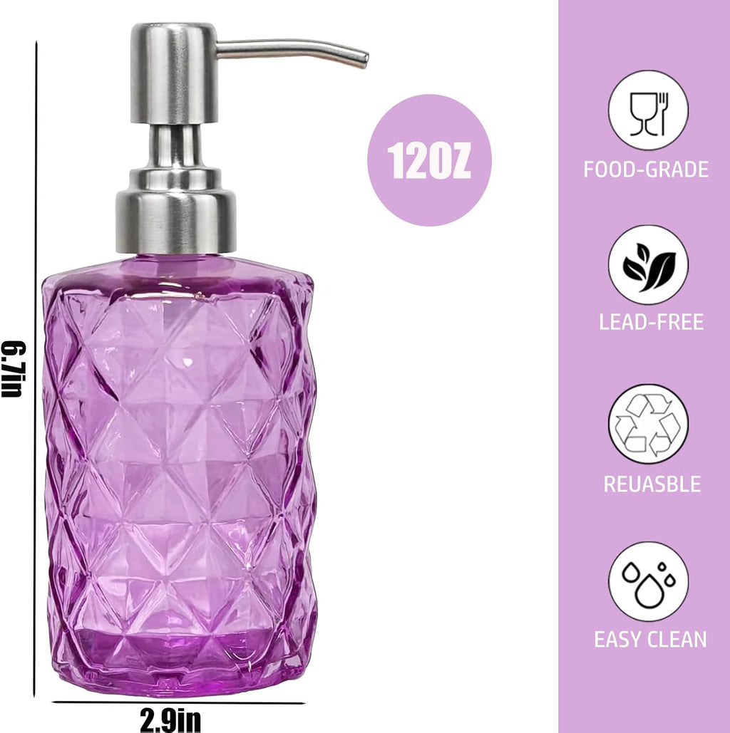 12Oz Purple Glass Soap Dispenser, Liquid Hand Bottle, Stainless Steel Pump