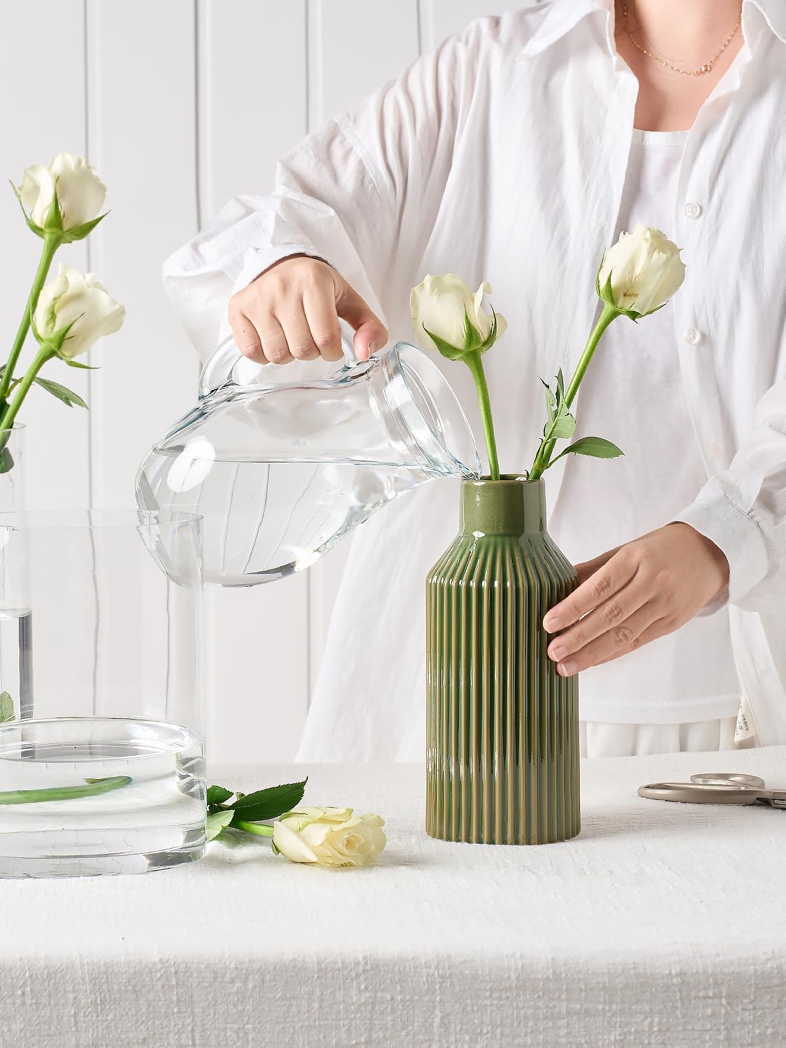 STHIE 8 Inches Ceramic Flower Vase, Green Vases for Centerpieces