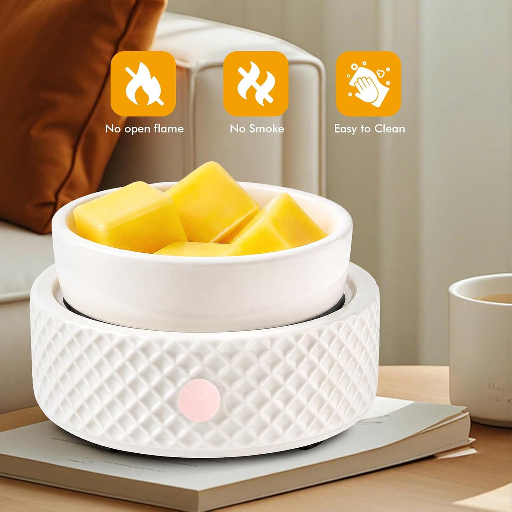 Wax Melt Burner Warmer with Timer Ceramic 4-in-1 Electric Candle Warmer Auto Shut-Off for Scented Wax Melts, Candle Jars, Essential Oil, Coffee Cup Warmer Home Decor Fragrance Gifts for Women - White
