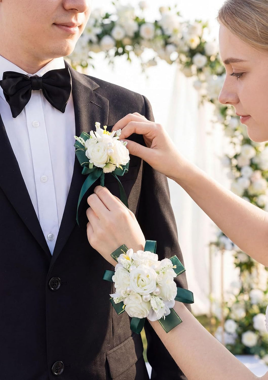 White Green Corsage and Boutonniere Set Prom Wrist Corsage Flower