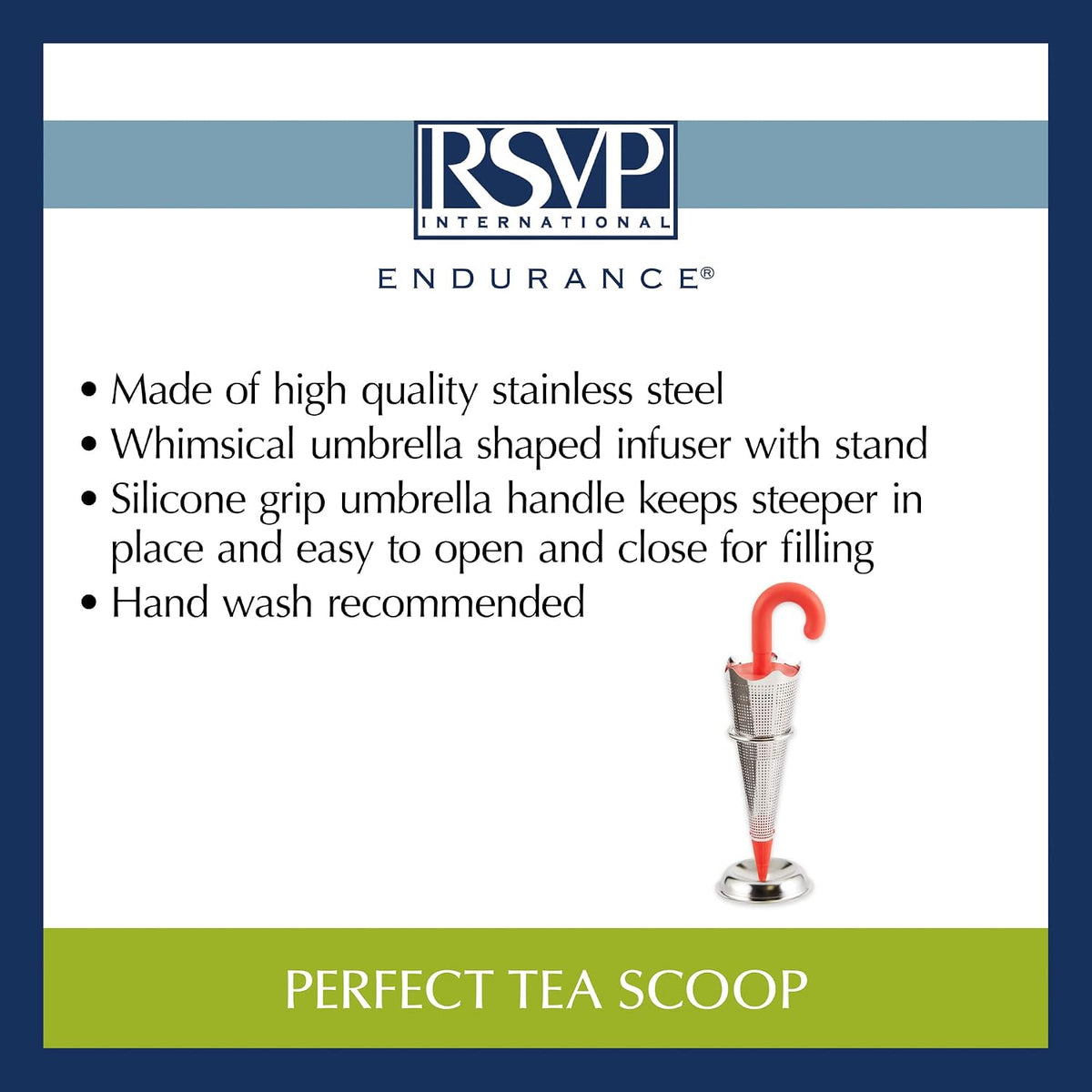 RSVP International Novelty Loose Leaf Tea Infuser/Strainer Includes Drip Stand, Umbrella/Stand, 1.25 x 5"