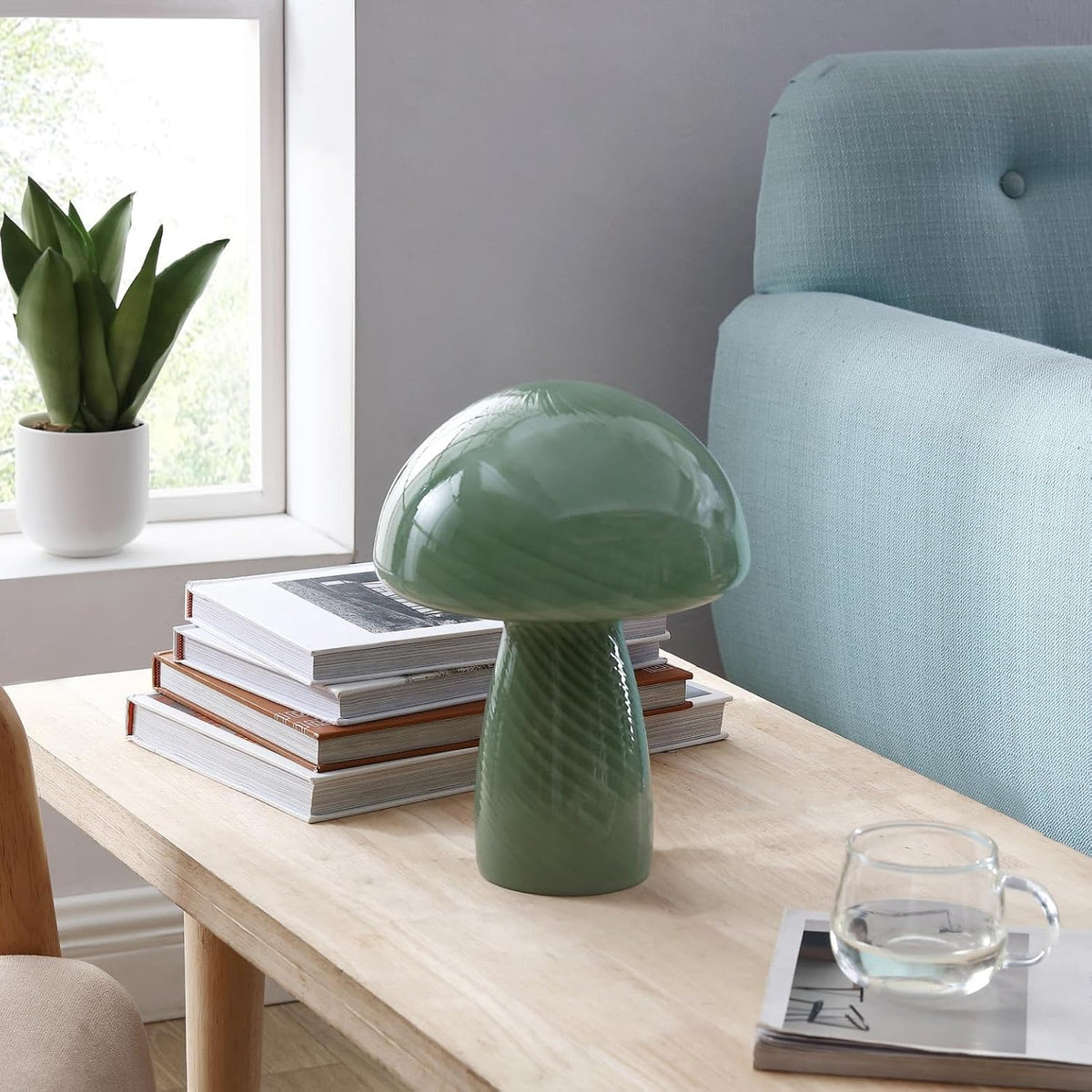 Urban Lifestyle 12" Green Striped Glass Mushroom Lamp, Modern Retro Table Lamp for Bedroom, Living Room, or Office Décor