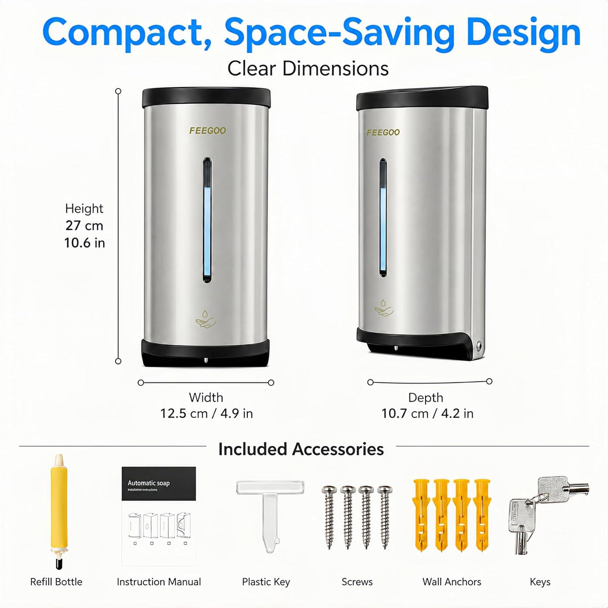 FG2000 Automatic Wall Soap Dispenser, 27 fl oz, Stainless Steel