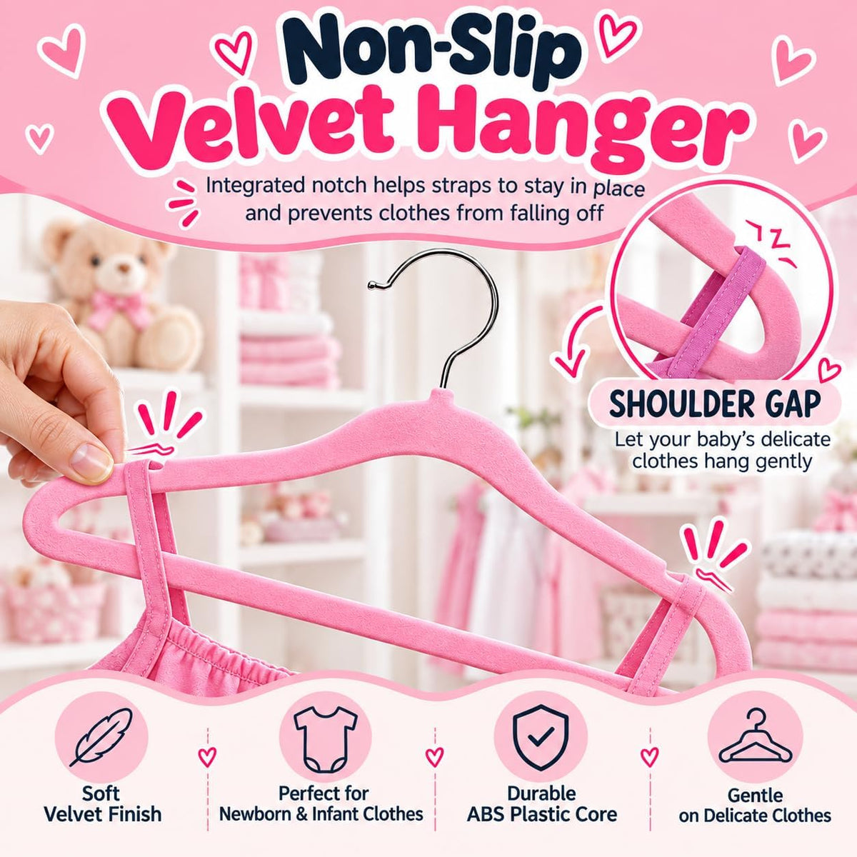 TechZoo 50 Premium Baby Velvet Hangers - 11.8 Inches Non-Slip & Ultra-Slim Baby Hangers for Space-Saving & Children Clothes - 360 Swivel Hook, Strong & Durable Infant & Toddler Clothes Hanger - Pink