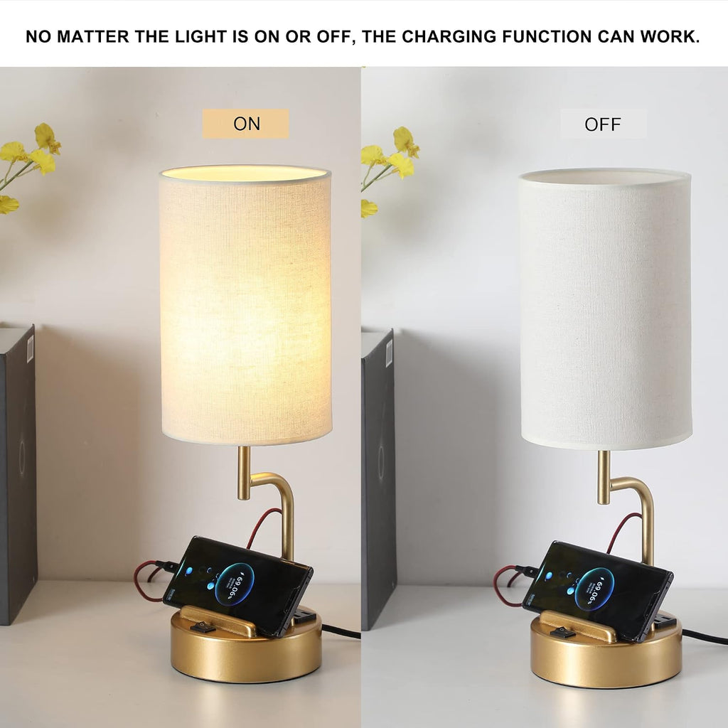 Dreamholder Table Lamp with 3 USB Charging Ports, Modern Desk Lamp with AC Outlet and Phone Stands, Perfect Bedside Lamp for Bedroom, Living Room, Office (Pack of 2), Gold