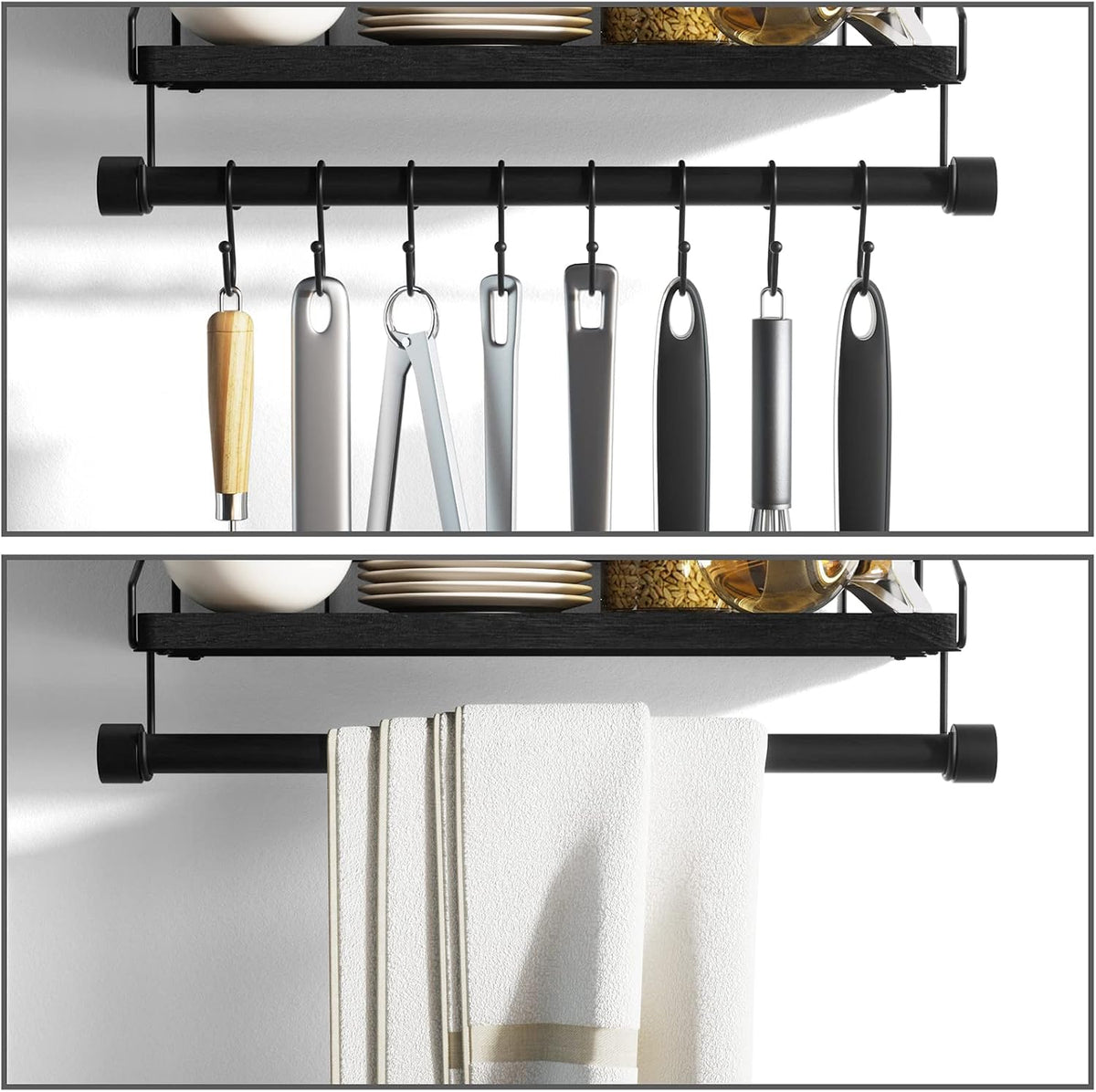 Alsonerbay Floating Shelf for Wall with Wooden Towel Bar, Black