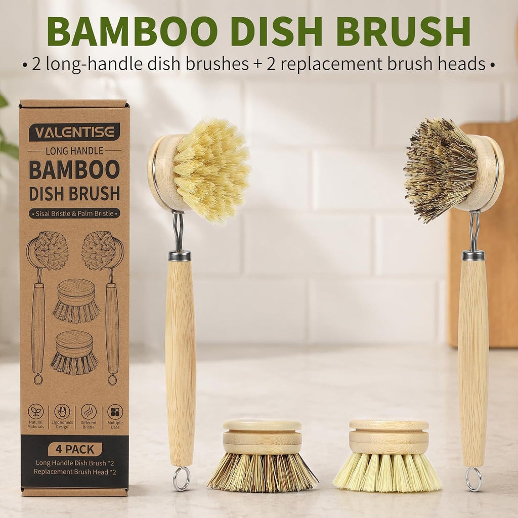 Bamboo Dish Brush with Handle, Natural Dish Brush Set Includes 2 Replacement Brush Heads, Kitchen Scrub Brush with Sisal and Palm Bristle for Cleaning Dishes, Pans and Vegetables