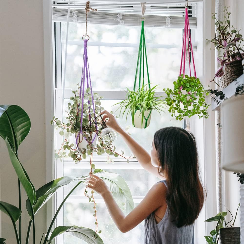 Hanging Planters for Plants with 8 Hooks, Handmade Colorful Cotton Rope Hanging Plant Holder Indoor & Outdoor Boho Room Decor Hanging Ceiling Decor，4 Pack. (4 Color)
