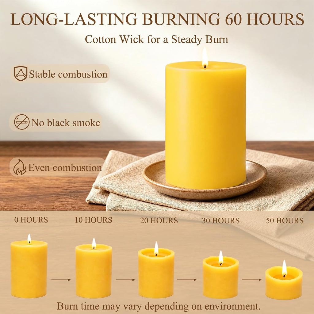 Beeswax Pillar Candles Bulk,Non-Toxic, 3X 4inch 1 Packs 60 Hours