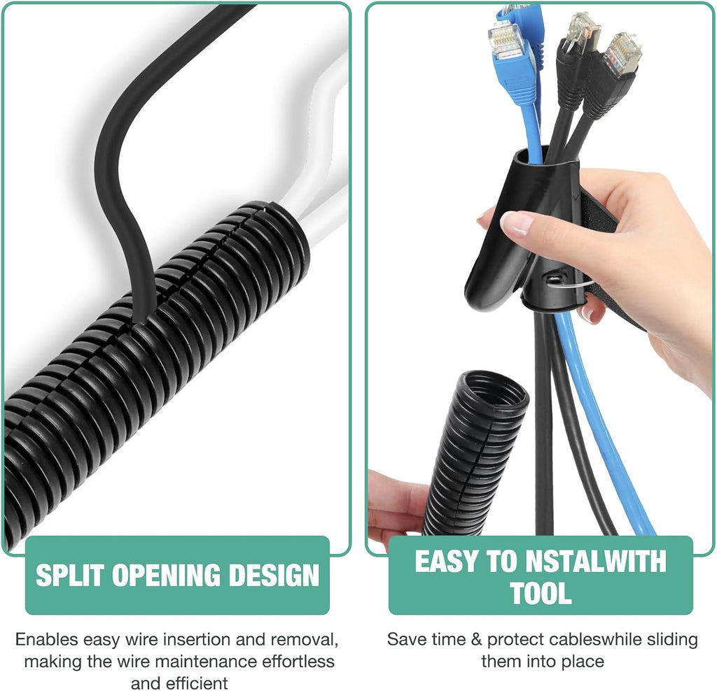 1" Split Wire Loom Tubing 10 ft Cord Protector Wires Covers Flexible Polyethylene Split Loom for Automotive, Home, Office, and Industrial Applications with Easy Installation Tool Black