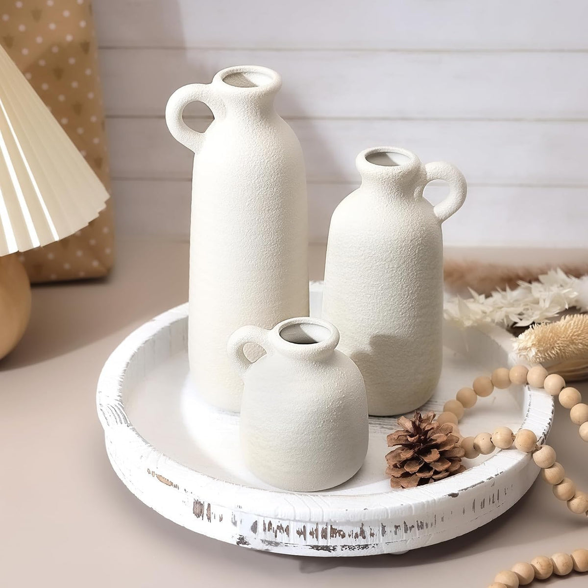 White Ceramic Vase Set of 3 with Handle, Waterproof Vases for Pampas Grass