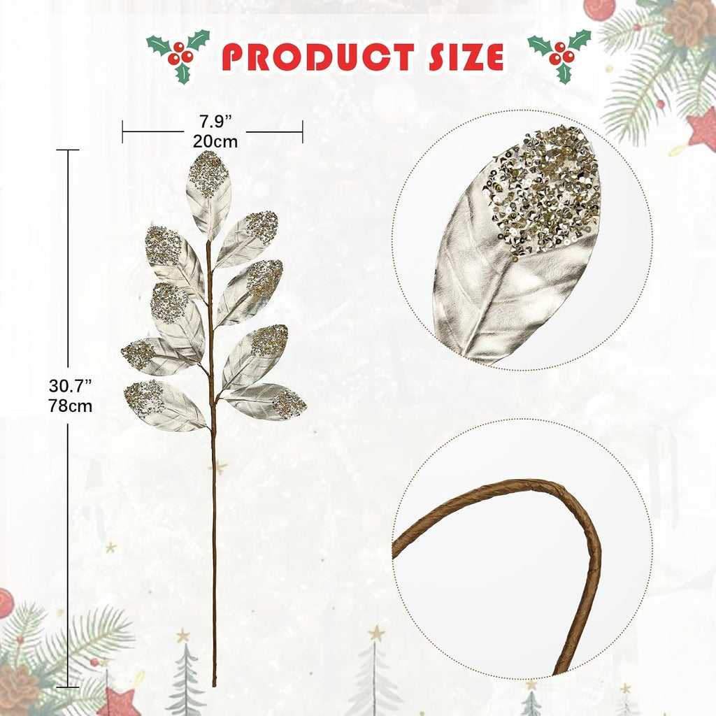 Hollyone Christmas Tree Picks and Sprays 3Pcs Champagne Artificial Magnolia Stems Magnolia Leaves Branches Fake Gold Leaf Floral for Vase DIY Xmas Tree Garland Wreath Centerpieces Wedding Decor