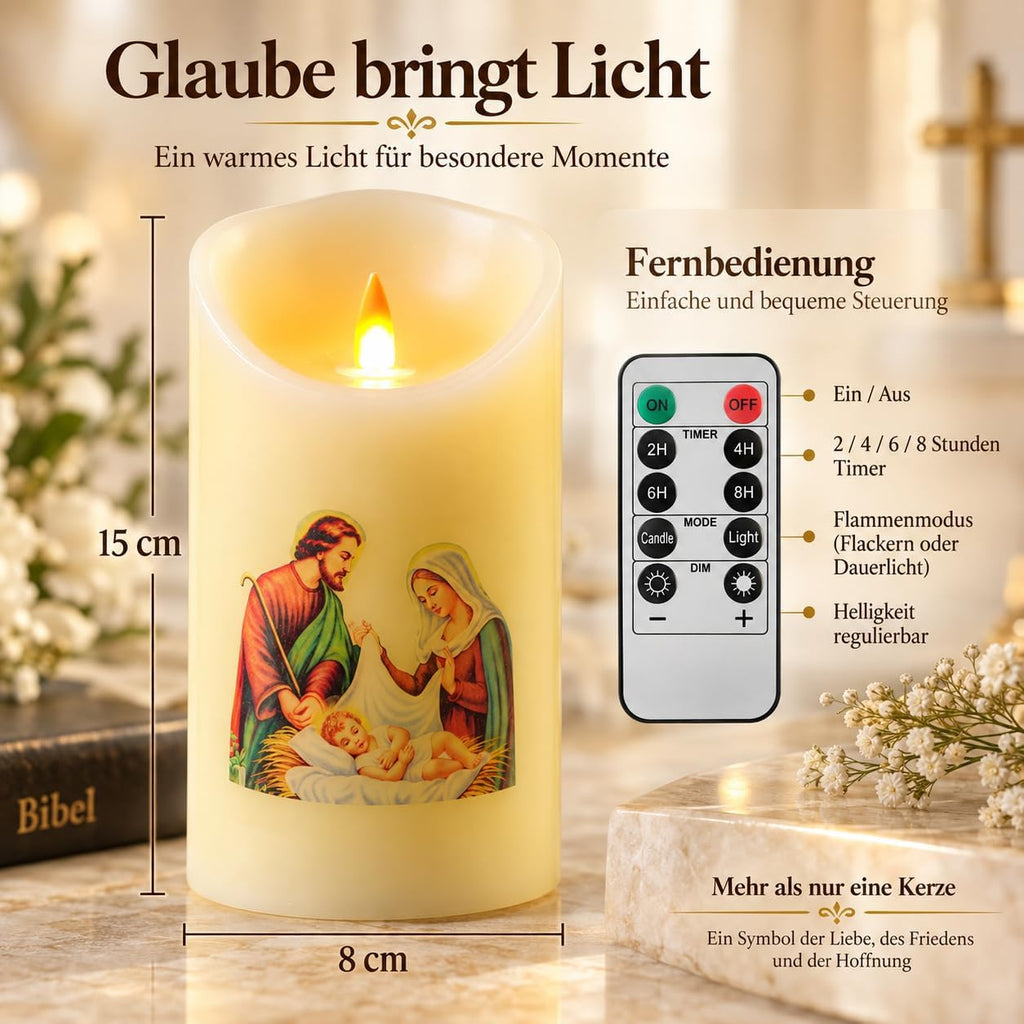 QQFCTOO LED Prayer Flameless Candle with Remote Timer, Battery Powered Candle, Religious Candle, Real Wax, for Home Altar, Church, Devotional ，6" x 3.2"(Holy Family Statue)