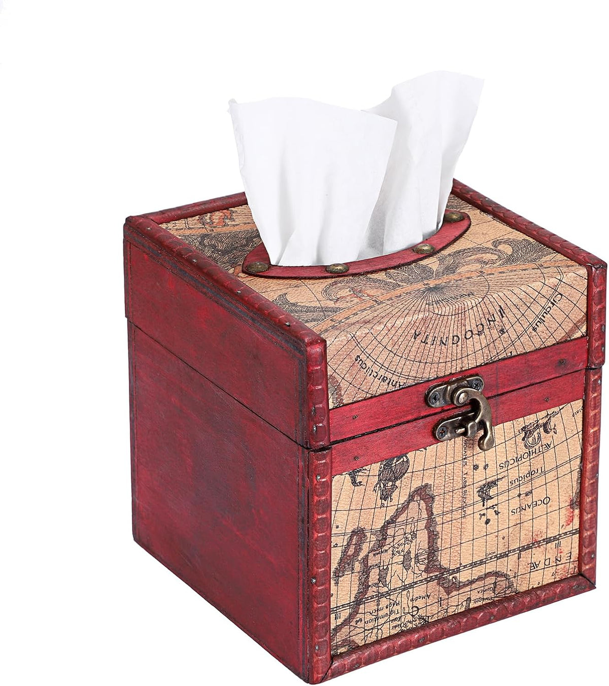 Sumnacon Wood Tissue Box Cover Square, Vintage Retro Tissue Holder, Red