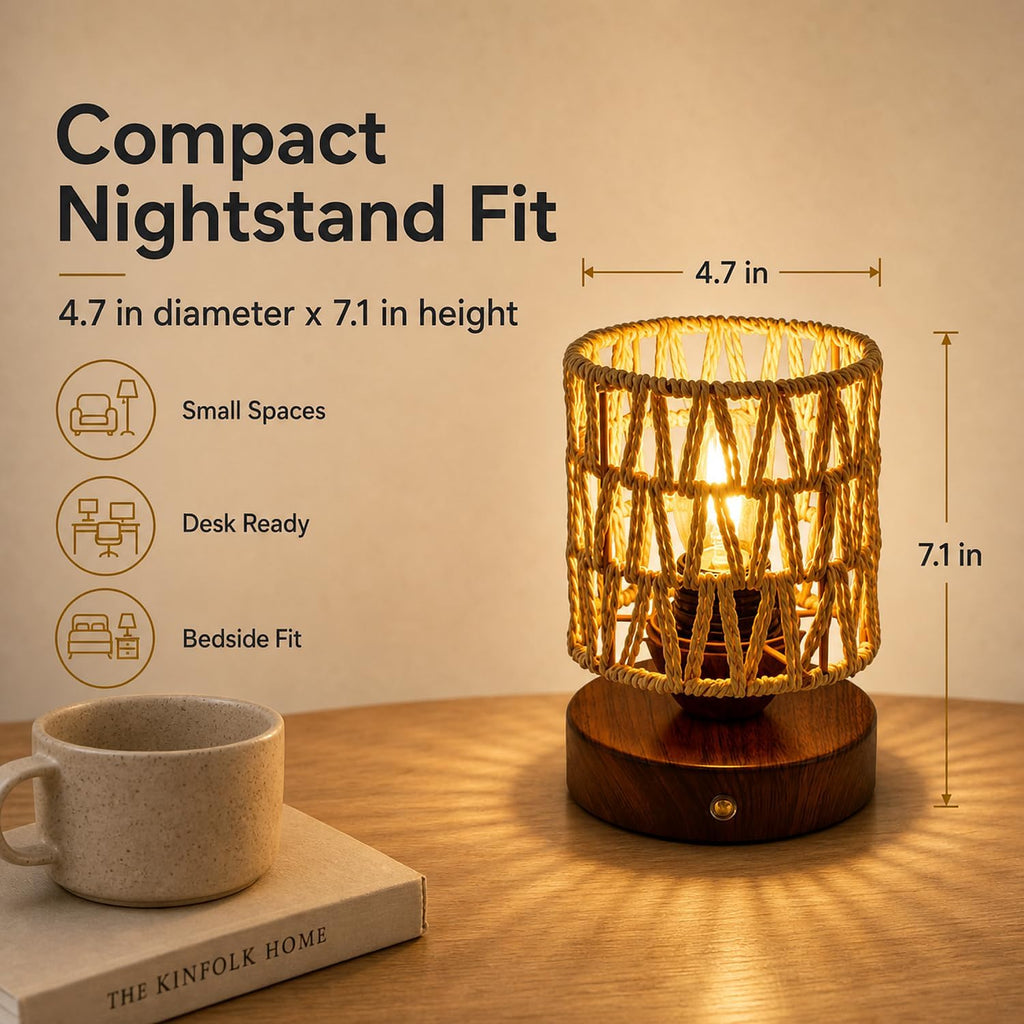 Cordless Operated Rattan Lamp, 5000mAh Rechargeable Dimmable Handwoven Open Weave Drum Table Lamp with Edison Bulb, Boho Nightstand Light for Bedroom Home Decor