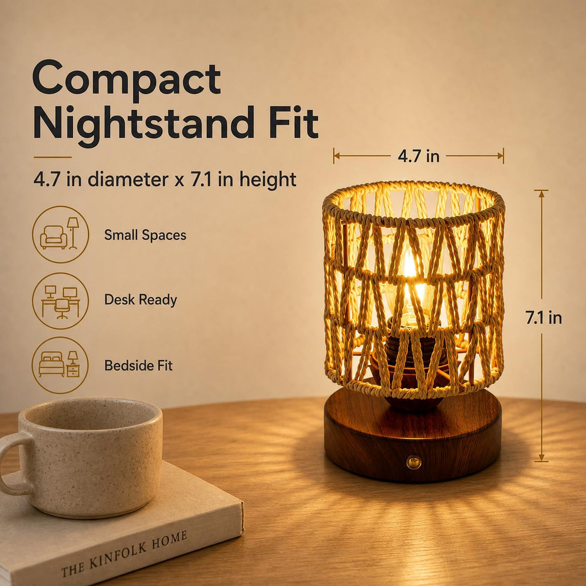Cordless Operated Rattan Lamp, 5000mAh Rechargeable Dimmable Handwoven Open Weave Drum Table Lamp with Edison Bulb, Boho Nightstand Light for Bedroom Home Decor