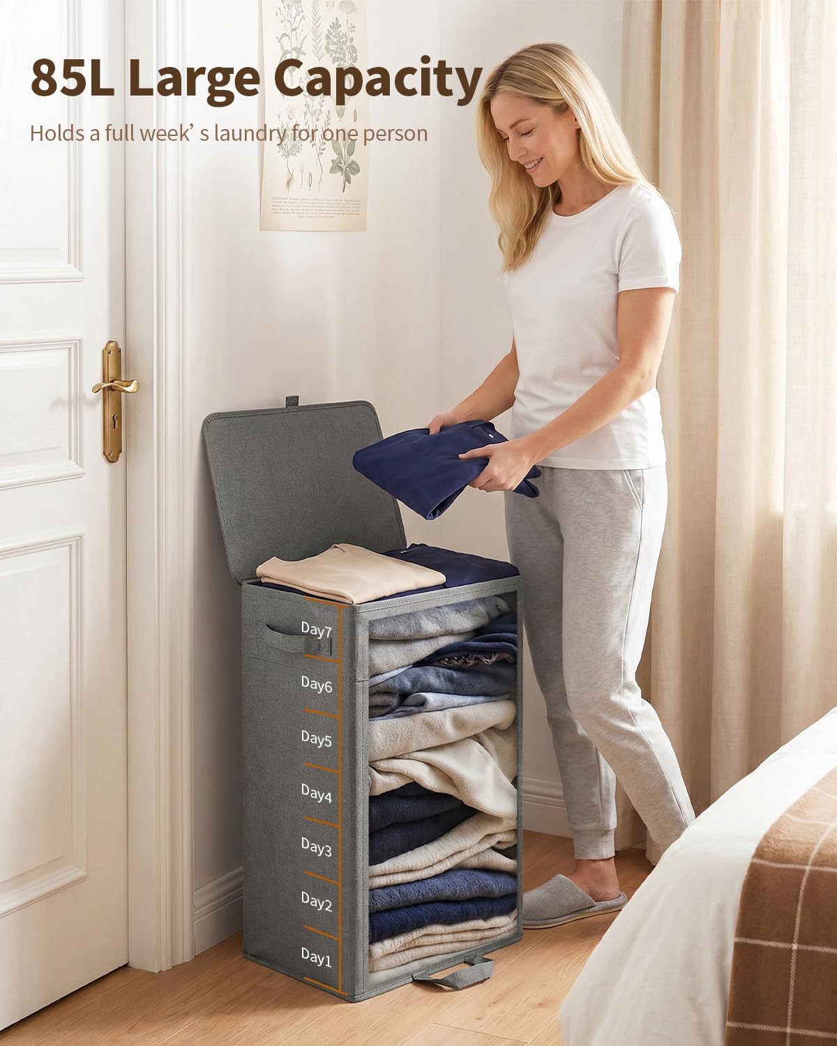 85L Laundry Hamper with Lid, Tall Dirty Clothes Hamper, Grey