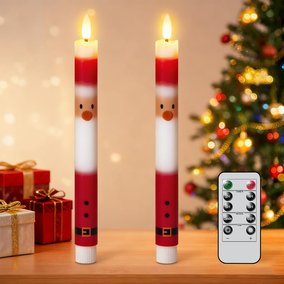 Wondise Christmas Santa Flameless Taper Candles with Remote Timer