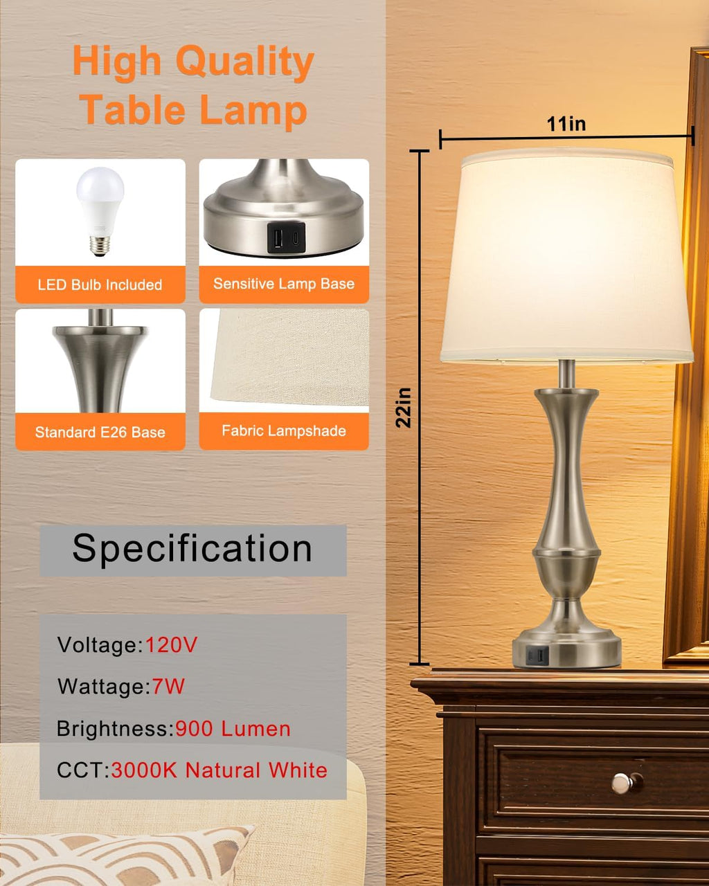 Seealle Upgraded Touch Lamps for Night Stands Set of 2 - Bedside Lamps with USB C+A, 3 Way Dimmable for Bedroom Living Room End Tables Office (White&Nickel)