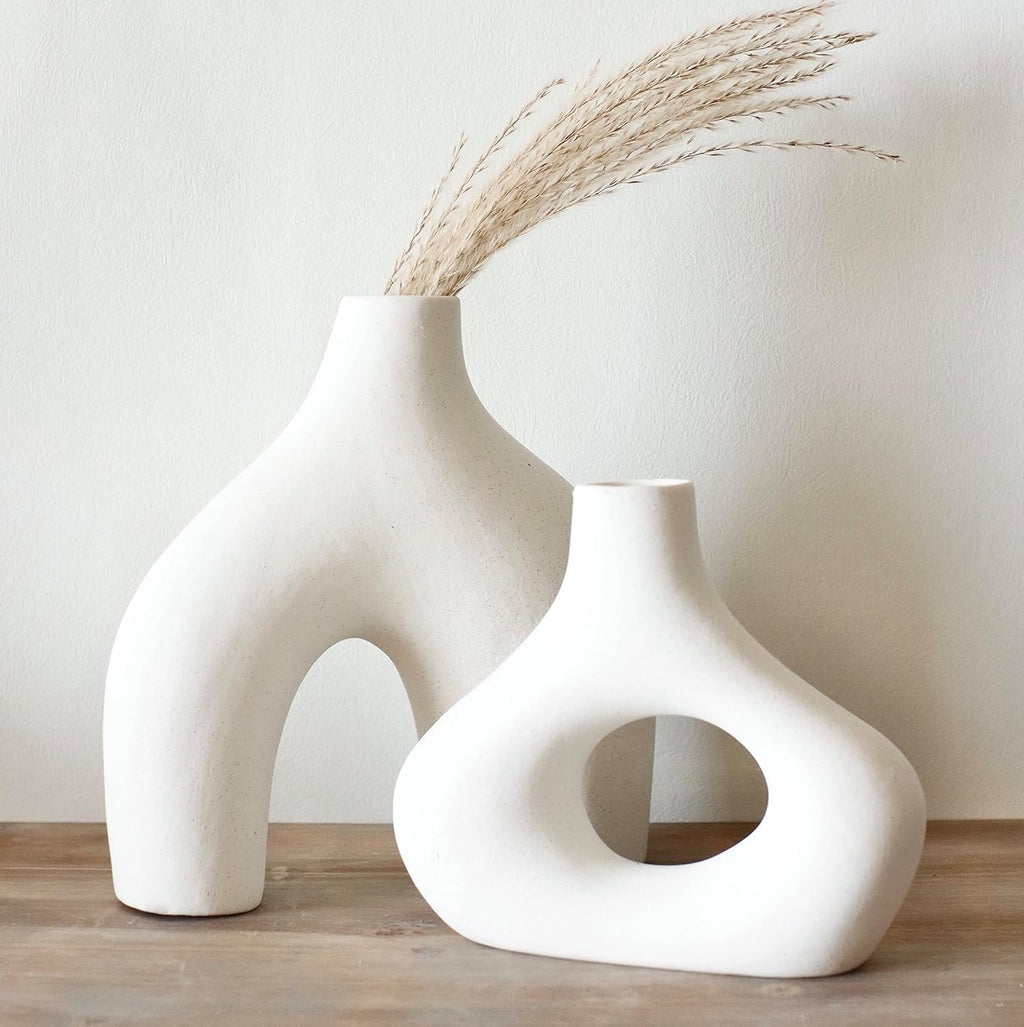 Carrot's Den Ceramic Modern Vase Set of 2, Donut Shelf Decor, Warm White