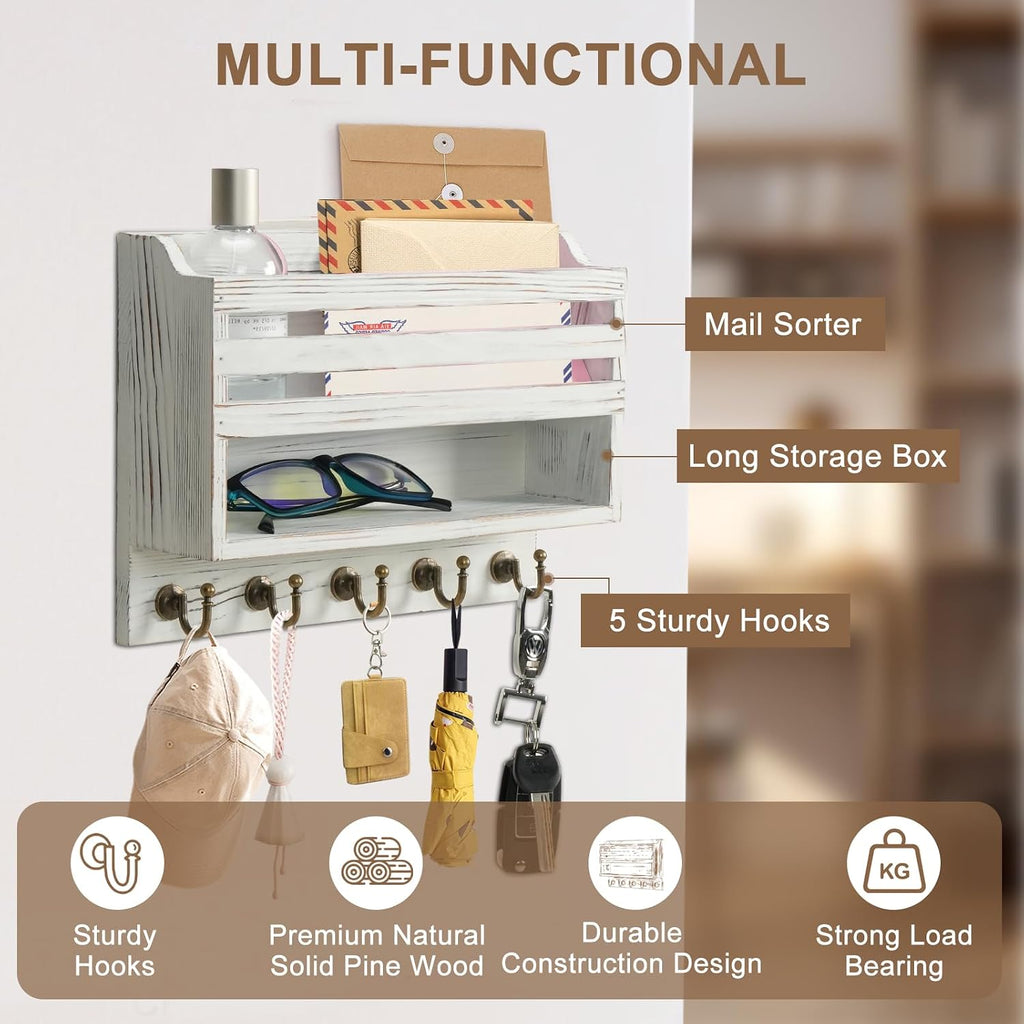 Key Holder Wall Mount with Mail Organizer, 5 Key Hooks, White