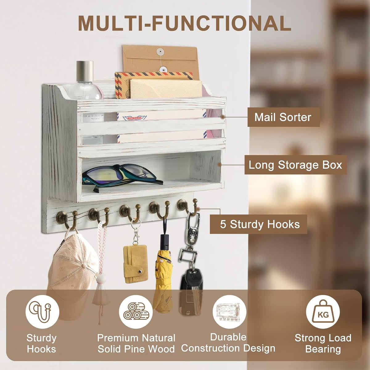 Key Holder Wall Mount with Mail Organizer, 5 Key Hooks, White