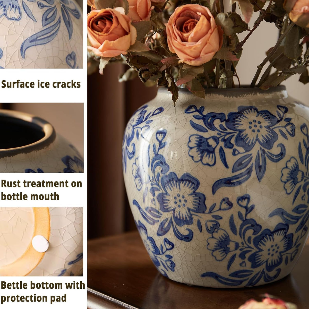 Blue and White Vases, Ceramic vases for Home Decor, Farmhouse Flower vase, Blue vase for Living Room Decor, Vintage Vase for Console Table Mantle Chinoiserie Decor