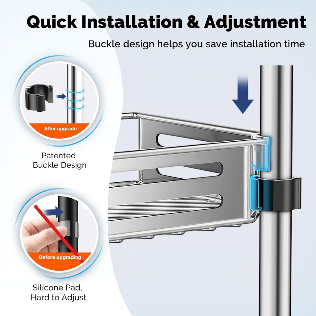 HAMITOR Shower Caddy Tension Pole, 4 Tier Corner Shower Shelves - Silver