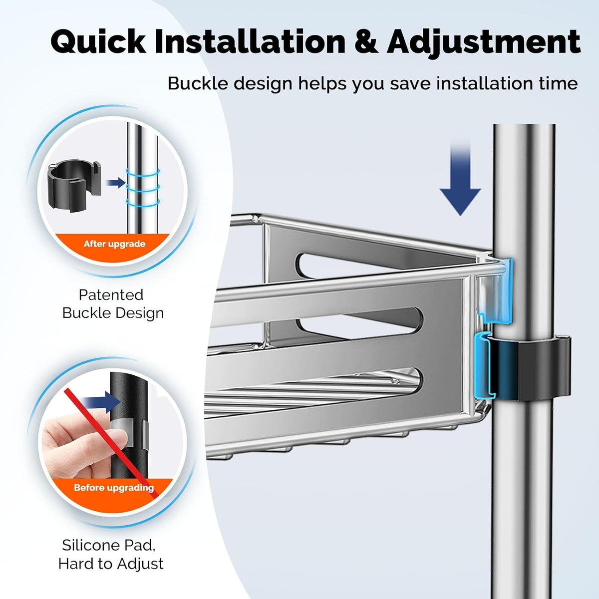 HAMITOR Shower Caddy Tension Pole, 4 Tier Corner Shower Shelves - Silver