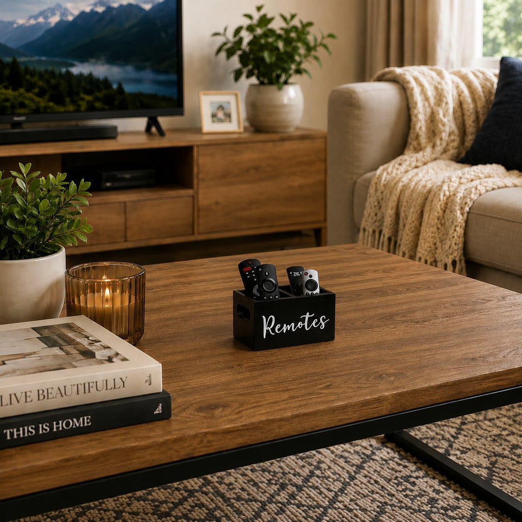 Wooden Remote Control Holder 2 Slots - Farmhouse TV Remote Caddy for Table, Nightstand, Couch - Solid Wood Organizer Box, Black