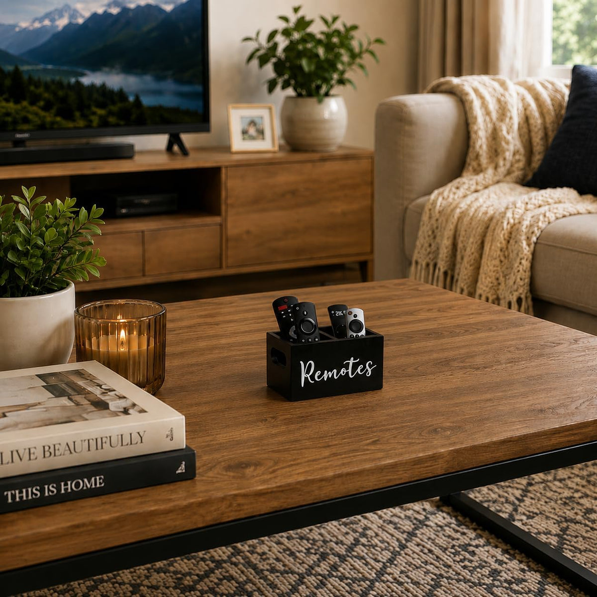 Wooden Remote Control Holder 2 Slots - Farmhouse TV Remote Caddy for Table, Nightstand, Couch - Solid Wood Organizer Box, Black
