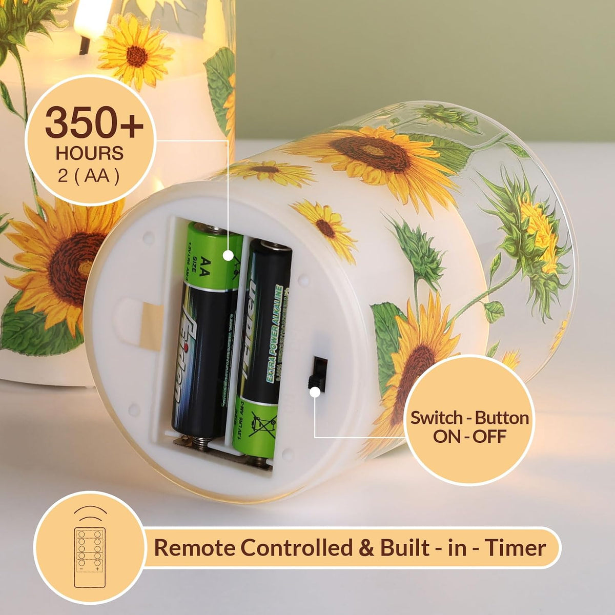 Sunflower Glass Flameless Pillar Candles with Remote Set of 3