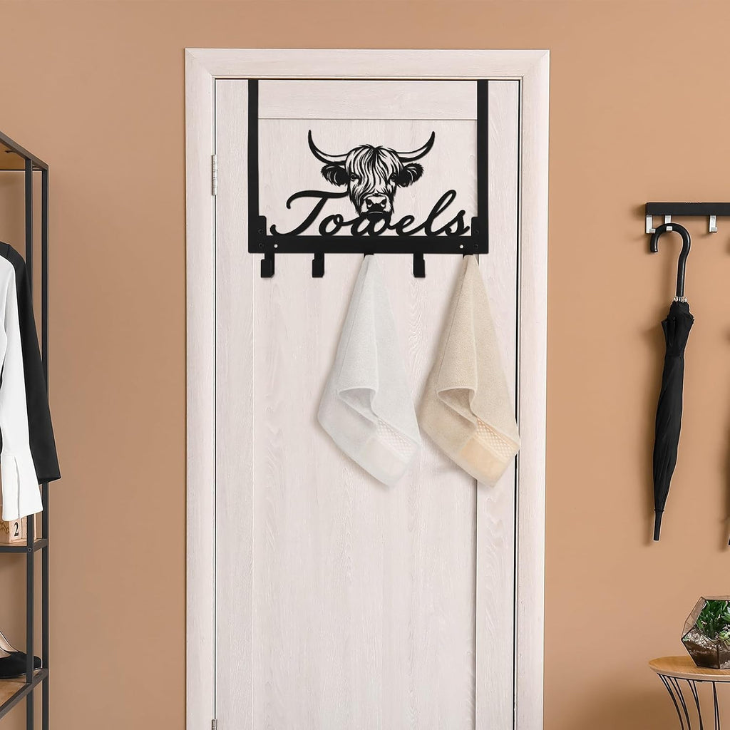 Kathfly Cute Chibi Highland Cow Over the Door Hooks Towel Hooks Heavy Duty Hanging Towel Rack Over Door Hanger, 5 Coat Hanger for Bedroom Bathroom Kitchen