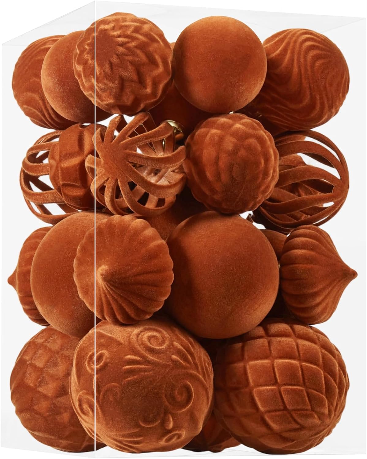 30pcs Velvet Christmas Ball Ornaments, Flocked Shatterproof Christmas Ornaments Hanging Xmas Tree Decorations Set for Home Party Holiday Decor (Multi-Size, Orange)