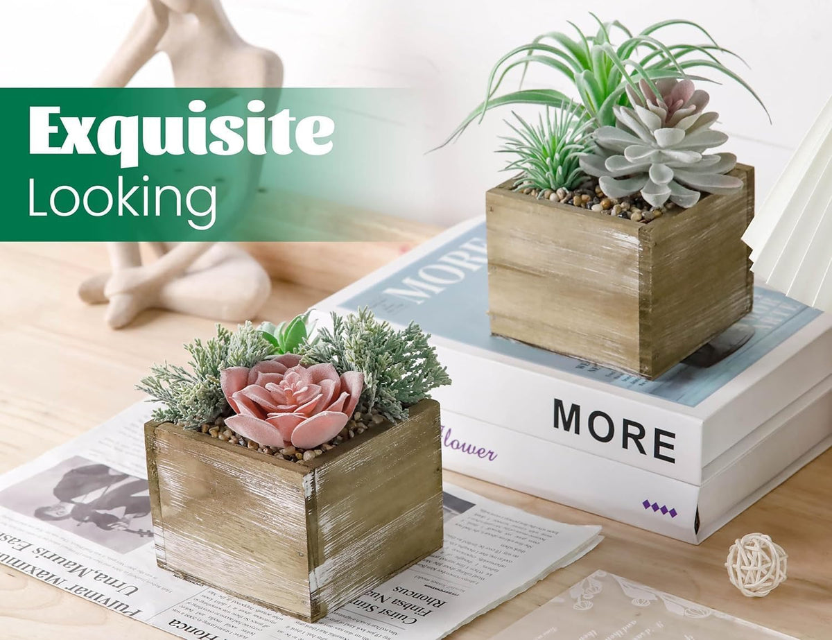 Der Rose 2 Pack Fake Succulents Plants in Wood Pots for Farmhouse Decor