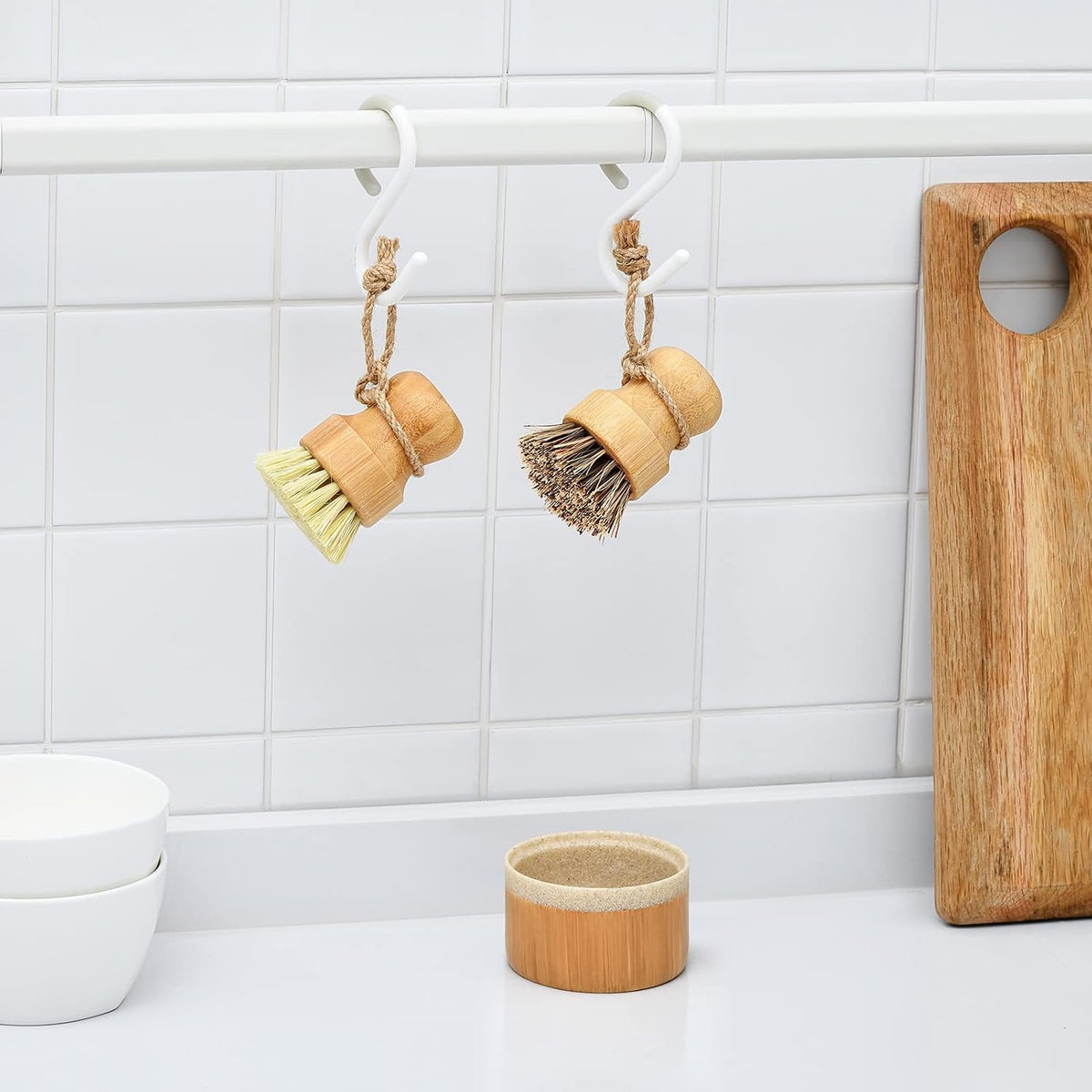 SUBEKYU Bamboo Dish Scrub Brush,Produce Brush,2 Pack with Holder
