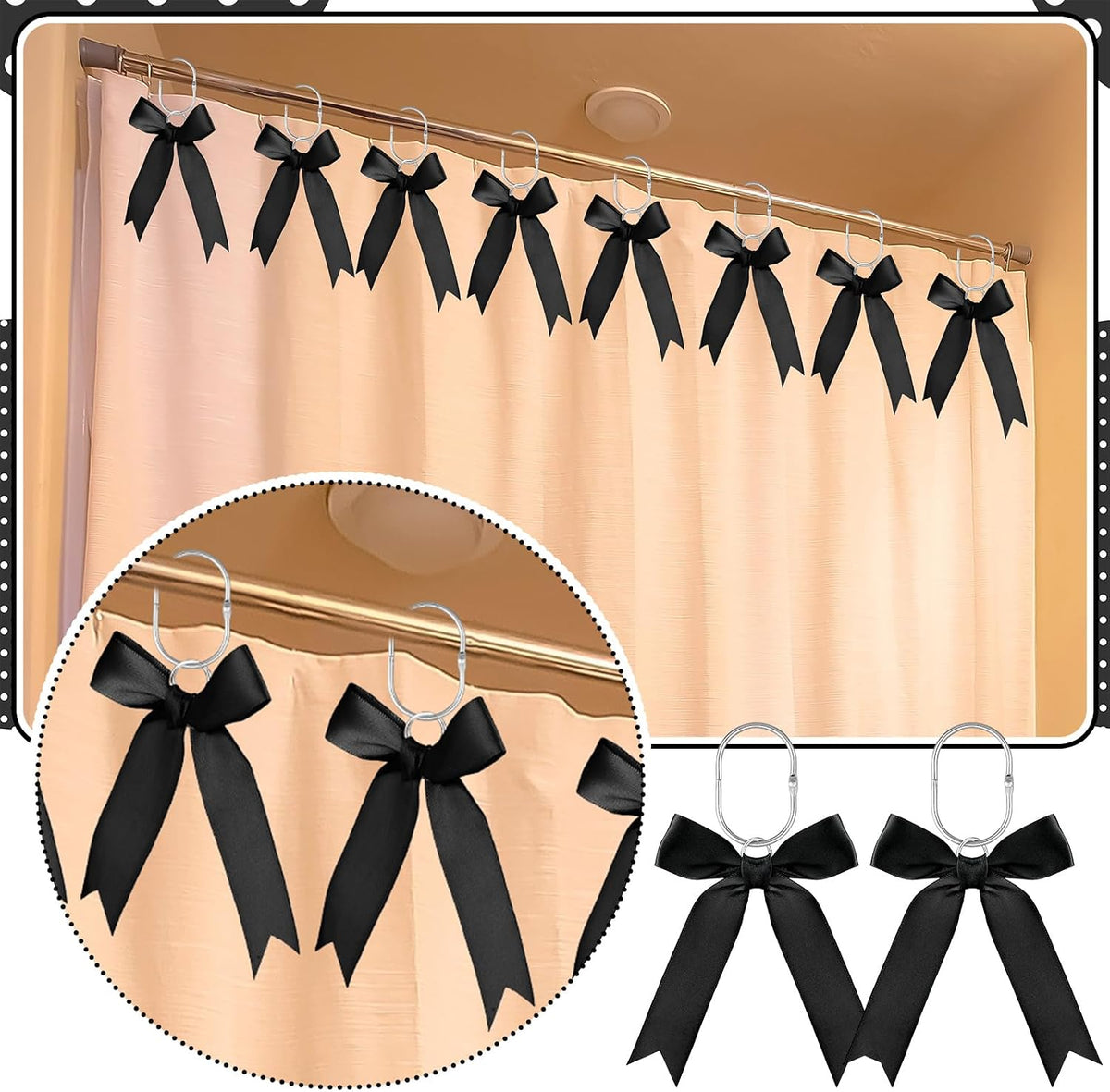 MorningRo 12 Pcs Black Bow Cute Shower Curtain Hooks Bow Knot Ribbon Hooks