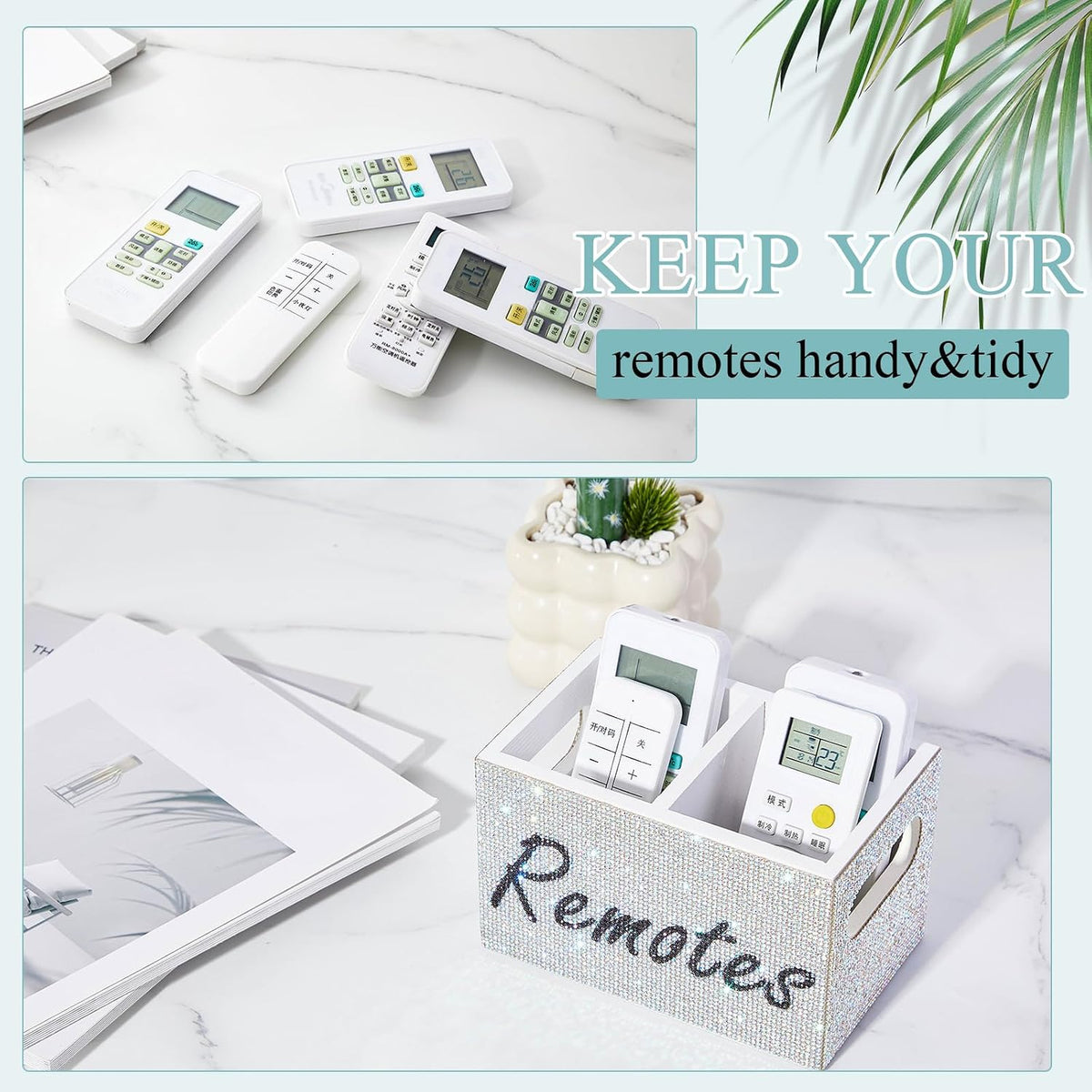 MotiMind Rhinestone Remote Control Holder,Desk Accessories for Gift, White