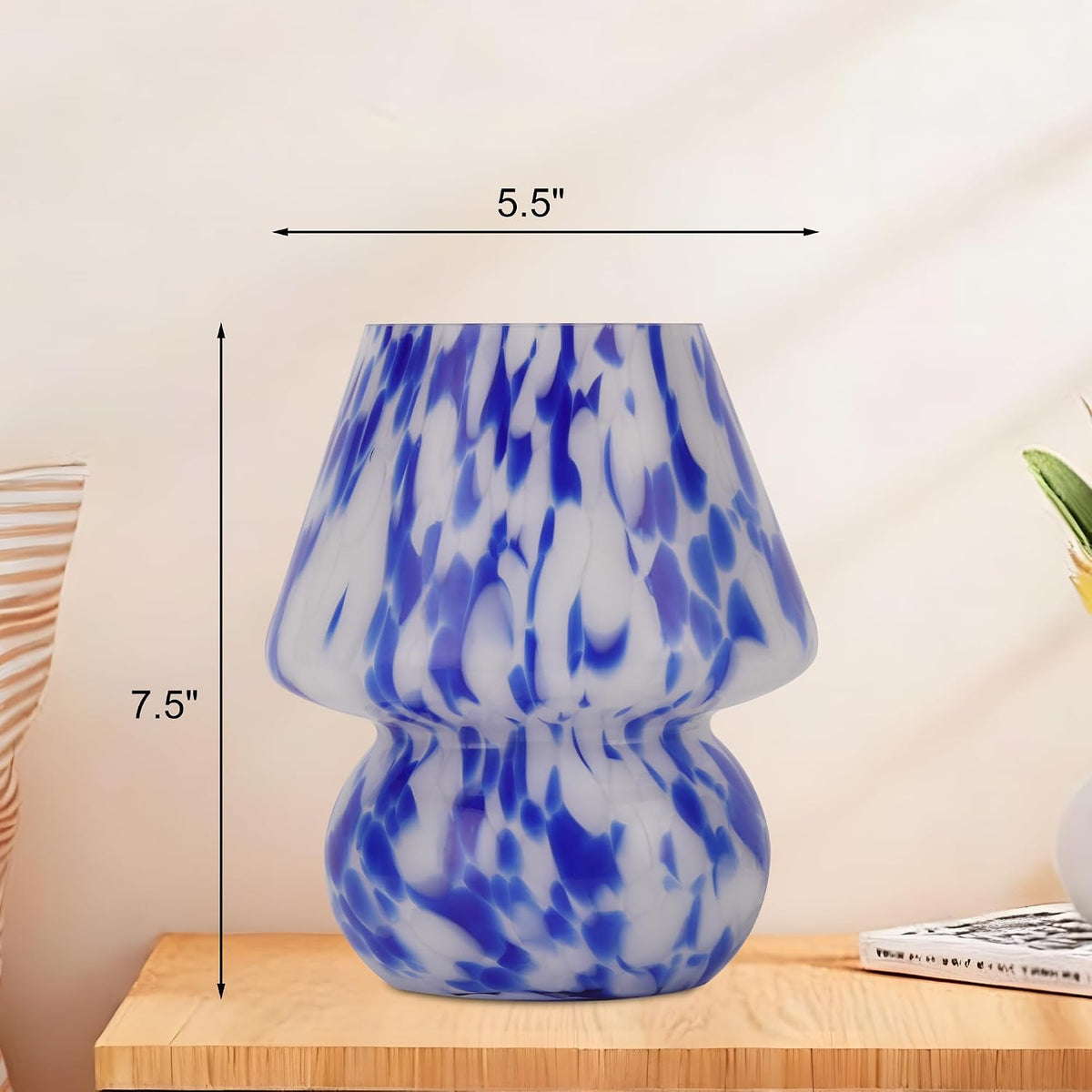 Mushroom Lamp Small Glass Table Lamp, Bedside Nightstand Lamp, Cute Desk Lamp for Bedroom, Dorm, Living Room & Kitchen, Classic Vintage Home Decor Lamp (2, Blue&White)