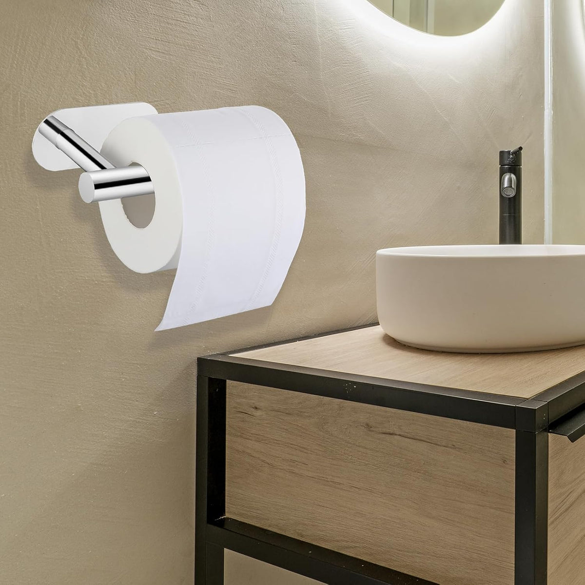 Self Adhesive Toilet Paper Holder, 304 Stainless Steel Wall Mounted Toilet Paper Holder, Adhesive Mounting, No Drilling Toilet Paper Holder Suitable for Bathroom, Kitchen, Toilet, RV (Chrome), 1 pack