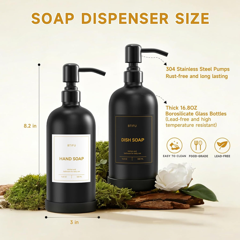 Kitchen Soap Dispenser Set – 16.8oz/500ml Glass Hand and Dish Soap Dispenser with Stainless Steel Pumps & Non-Slip Silicone Base, Luxury Countertop Decor for Home, Airbnb, Vacation Rental (Black)
