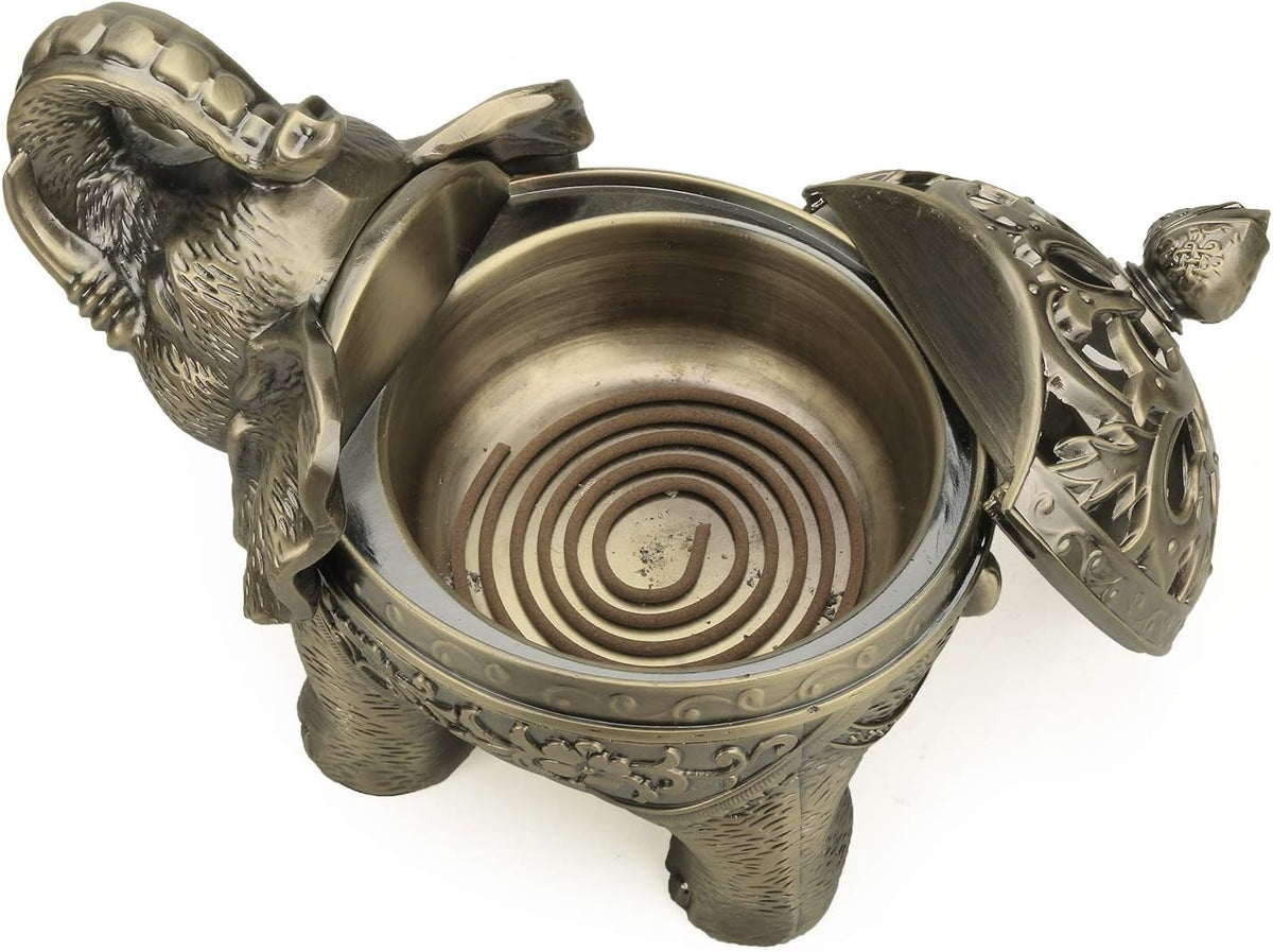 K COOL Metal Backflow Incense Holder Elephant Cone Coil Incense Burner Ash Catcher with Lid, Aromatherapy Ornament Home Office Decoration for Indoor Outdoor (Bronze)