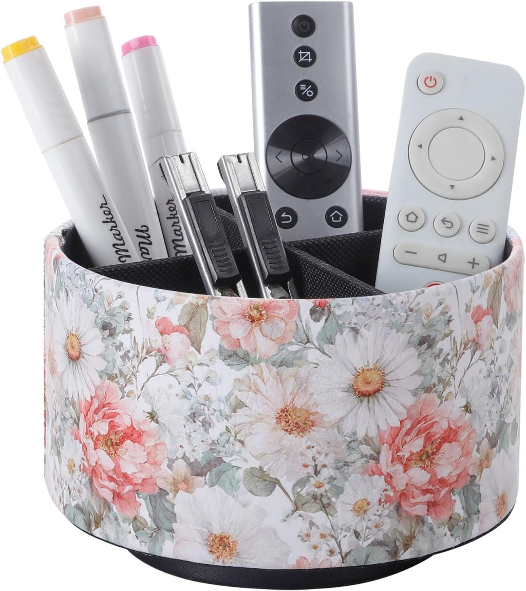 Spinning Remote Caddy for Table, 360 Degree Rotating Desk Organizer and TV Remote Holder, Decorative PU Leather Storage Basket for Bedside, Coffee Table, and Office Stationery, Peony PH128