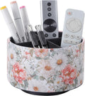 Spinning Remote Caddy for Table, 360 Degree Rotating Desk Organizer and TV Remote Holder, Decorative PU Leather Storage Basket for Bedside, Coffee Table, and Office Stationery, Peony PH128