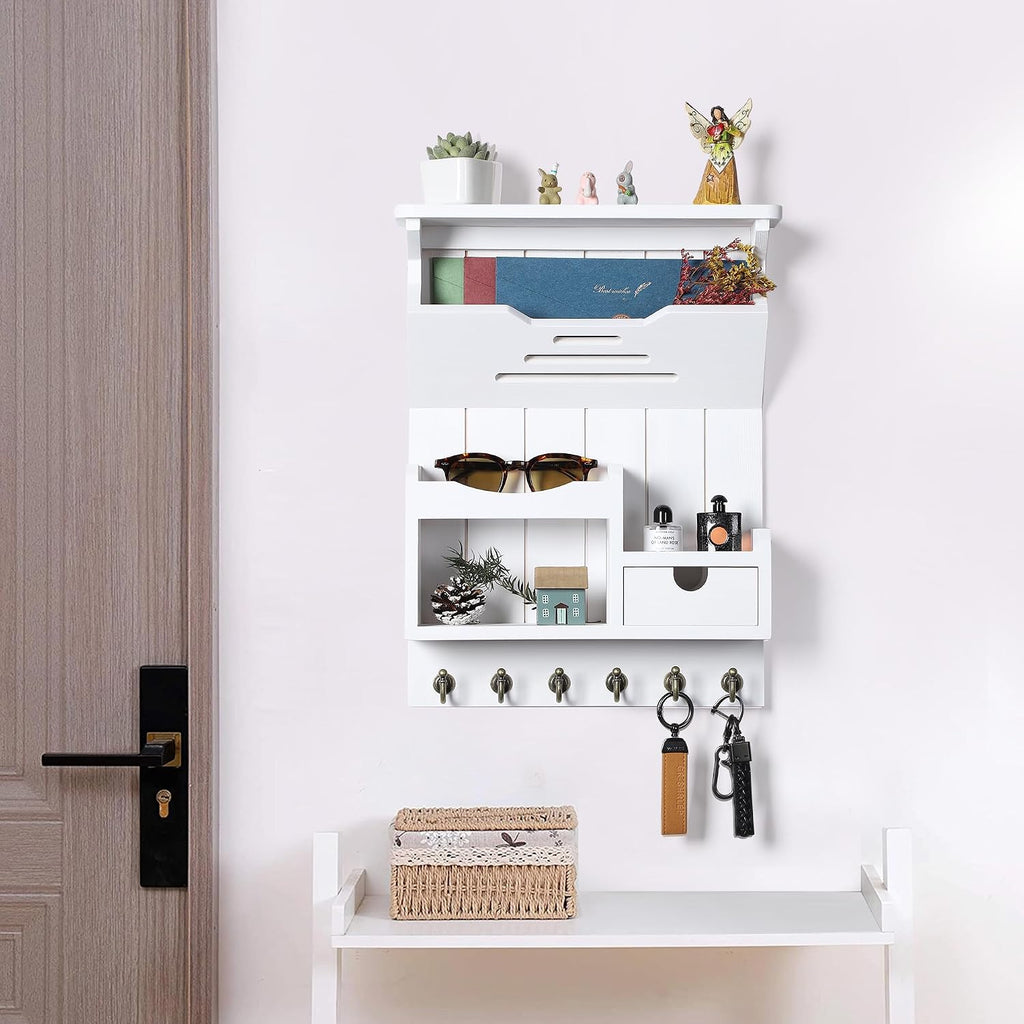 DOPACE Handcrafted Pine Wood Mail Organizer & Key Holder, White