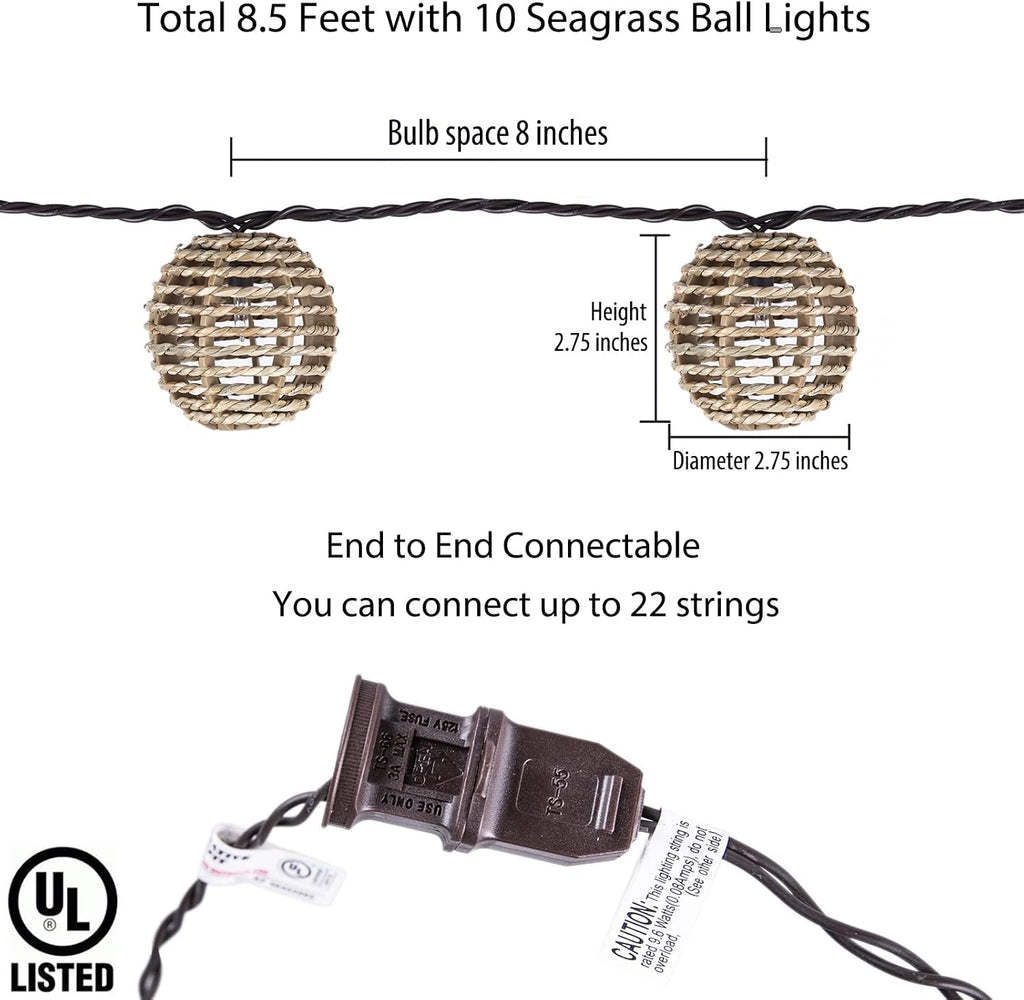 Decorative Outdoor Patio String Lights, Seagrass Rattan Wire Ball Style Lantern String Lights, Connectable Weatherproof Indoor Outdoor Globe Boho String Light for Home Pergola Garden Party Backyard